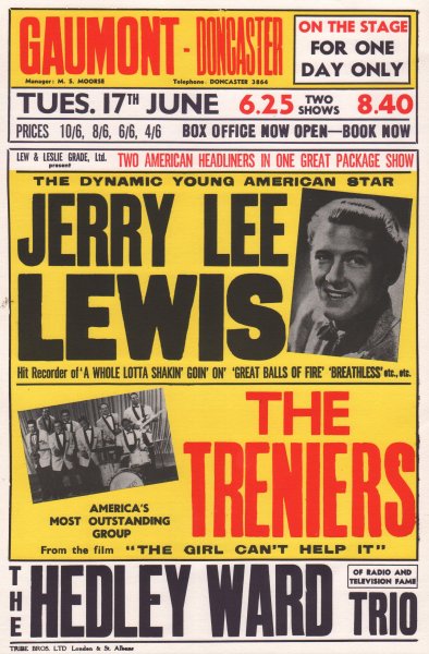 Gaumont Donacster Wall poster for 17th June 1958 - Jerry Lee Lewis - Treniers - Hedley Ward Trio